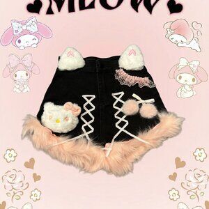 Hello Kitty black and pink shorts with faux fur trim, lace, and bows